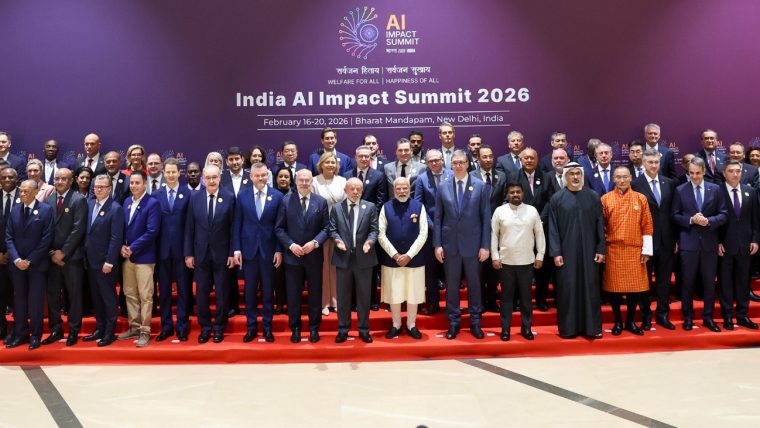 Abstract illustration of AI intersecting with policy documents and the Indian flag