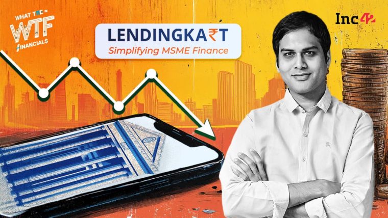 Infographic showing key financial figures for Lendingkart Finance in FY26, highlighting widening losses and falling revenue.