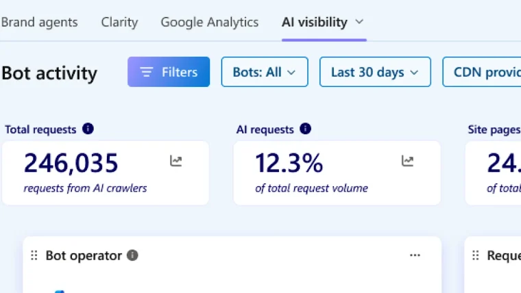 A screenshot of the Microsoft Clarity dashboard highlighting a new section for 'Bot Analytics' with a visual representation of bots ignoring robots.txt directives, featuring