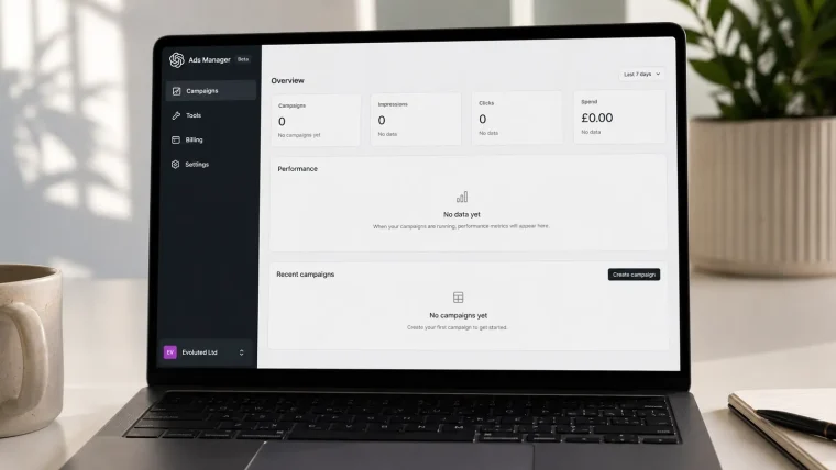 Screenshot of the ChatGPT Ads Manager interface with a subtle outline of the United Kingdom, indicating its beta launch in the region.