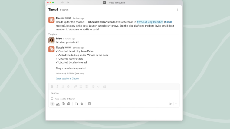 A graphic illustrating Anthropic's Claude AI assistant integrated into a Slack interface, with text bubbles indicating collaborative work.