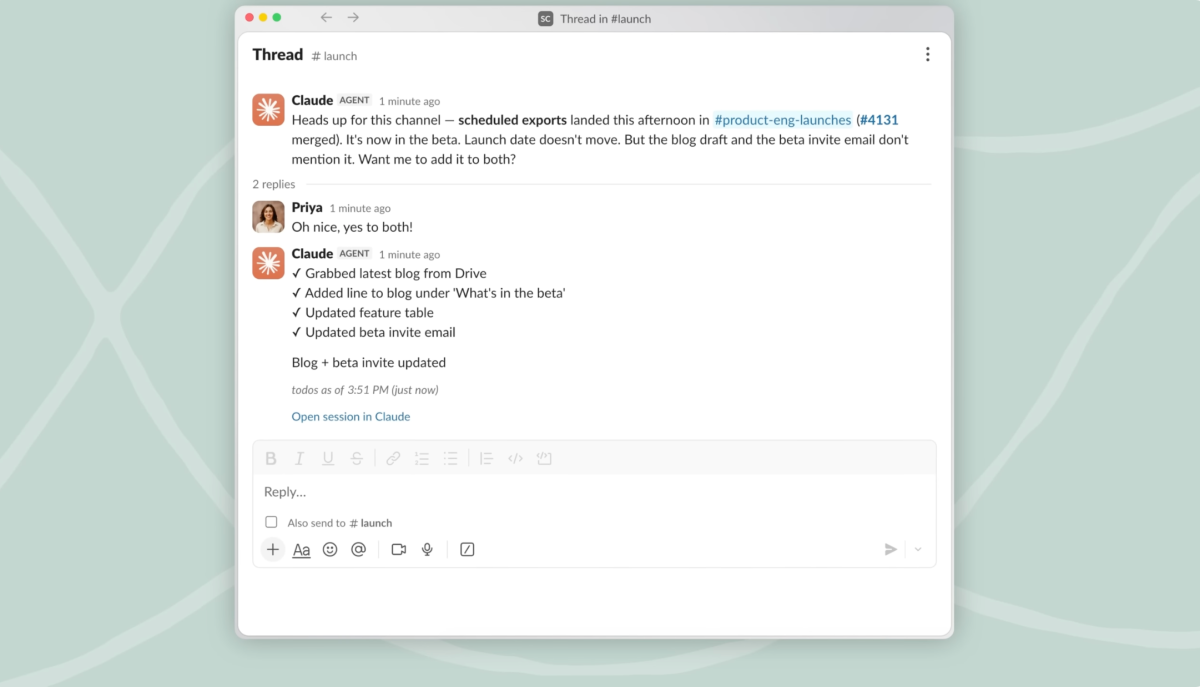 A graphic illustrating Anthropic's Claude AI assistant integrated into a Slack interface, with text bubbles indicating collaborative work.