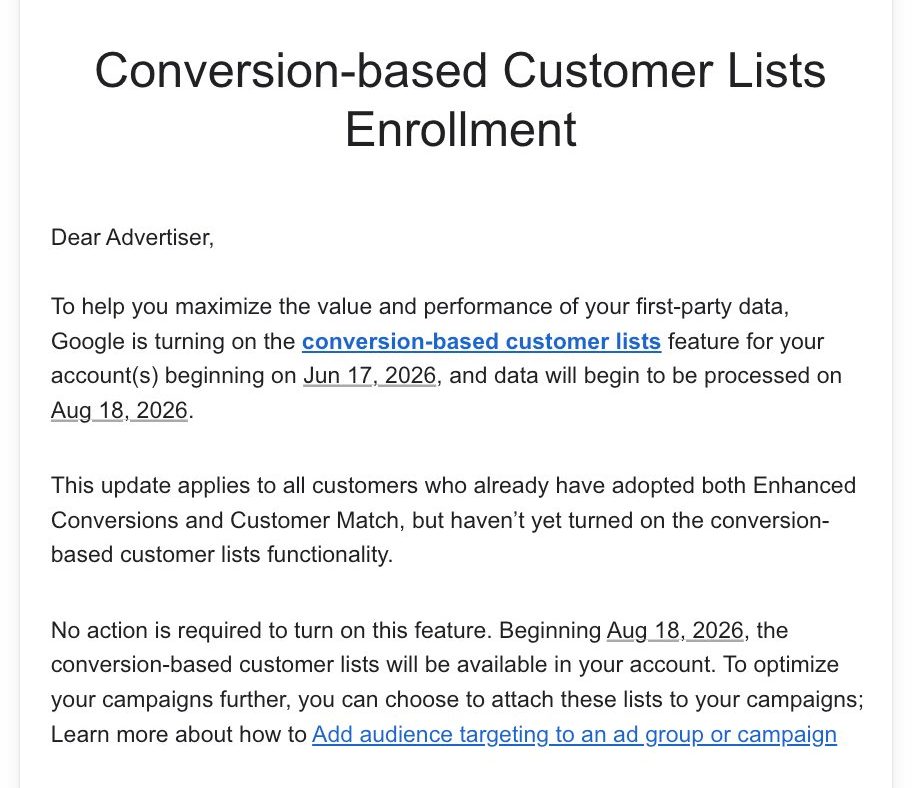 Screenshot of Google Ads interface highlighting the new conversion-based customer lists feature