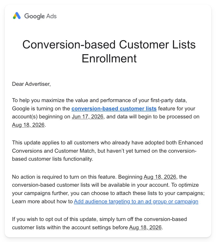Screenshot of Google Ads interface highlighting the new conversion-based customer lists feature