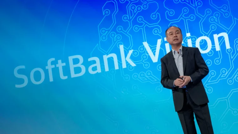 A split image showing Elon Musk and Masayoshi Son, with graphics suggesting Earth-based and orbital data centers.