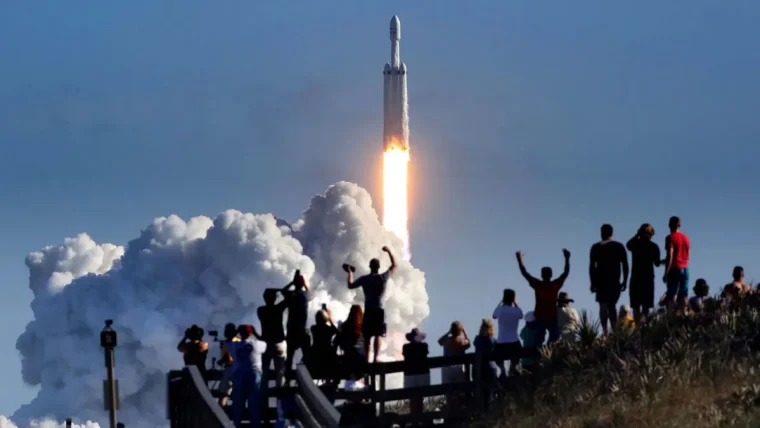 A SpaceX Falcon 9 rocket launching into space, with a subtle overlay of abstract AI coding lines and algorithms