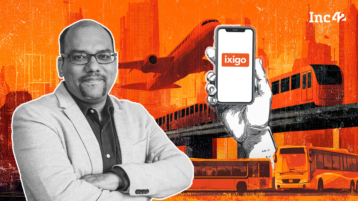 ixigo and Brevistay logos combined, representing the acquisition, with a background of an Indian hotel room booking interface on a mobile phone.
