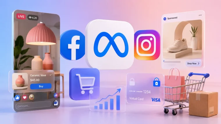A collage showing a smartphone displaying a Meta live shopping event, a virtual credit card icon, and shopping cart symbols, representing Meta's new e-commerce features.