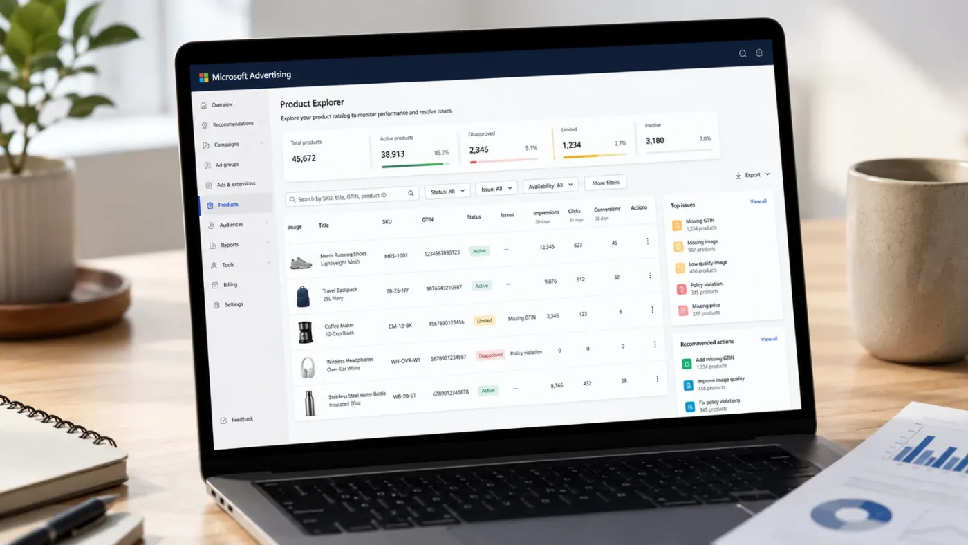 A screenshot of the Microsoft Ads Product Explorer interface showing product catalog data and performance metrics.