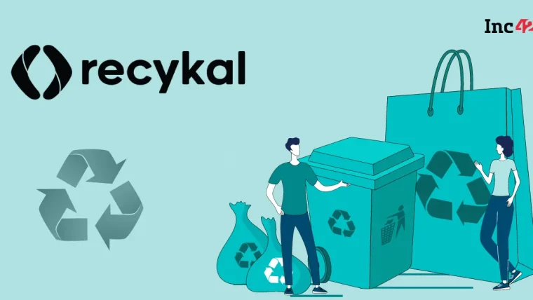 A graphic illustrating circular economy principles with waste being recycled into new products, alongside the Recykal logo.