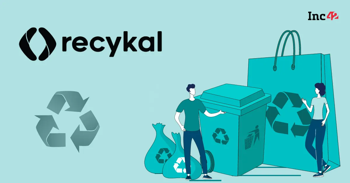 A graphic illustrating circular economy principles with waste being recycled into new products, alongside the Recykal logo.