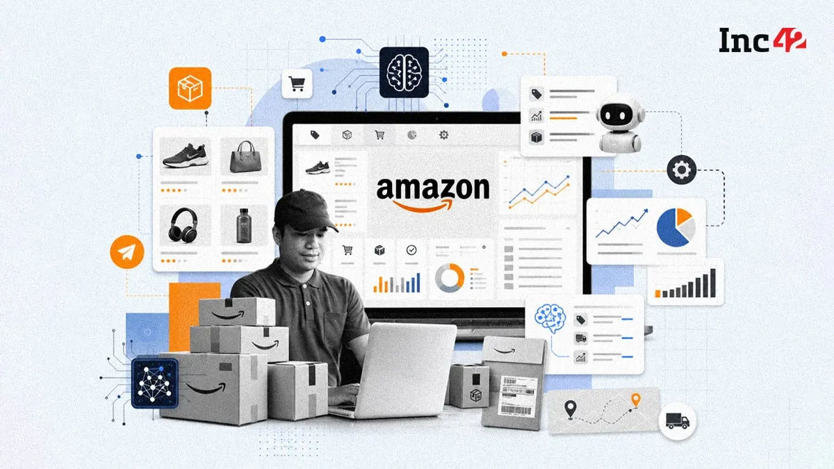 A graphic showing Amazon's AI-powered Seller Assistant interface on a tablet, with various e-commerce functions like inventory and sales data.