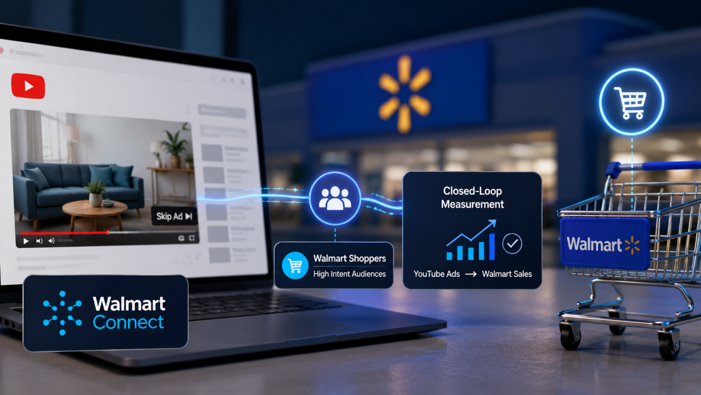 A visual representation of Google and Walmart logos connected, symbolizing their advertising integration for shopper targeting.