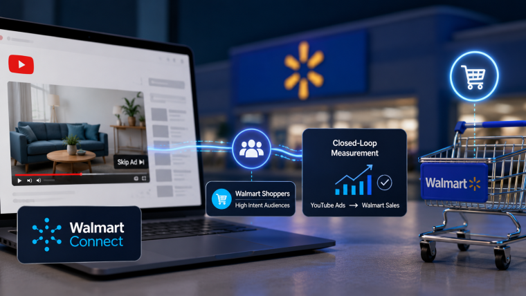 A visual representation of Google and Walmart logos connected, symbolizing their advertising integration for shopper targeting.