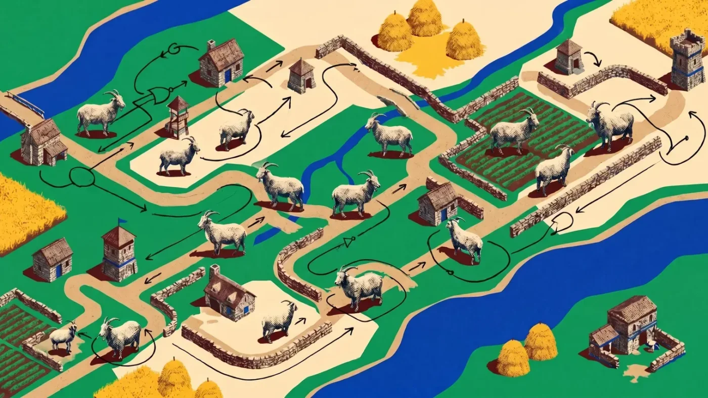 Goats on bridges and ice ramps forming a neural network in Age of Empires II map editor.