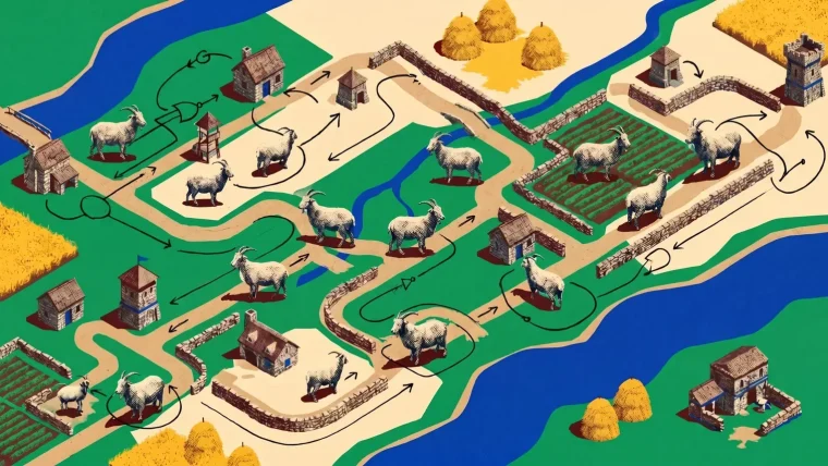 Goats on bridges and ice ramps forming a neural network in Age of Empires II map editor.