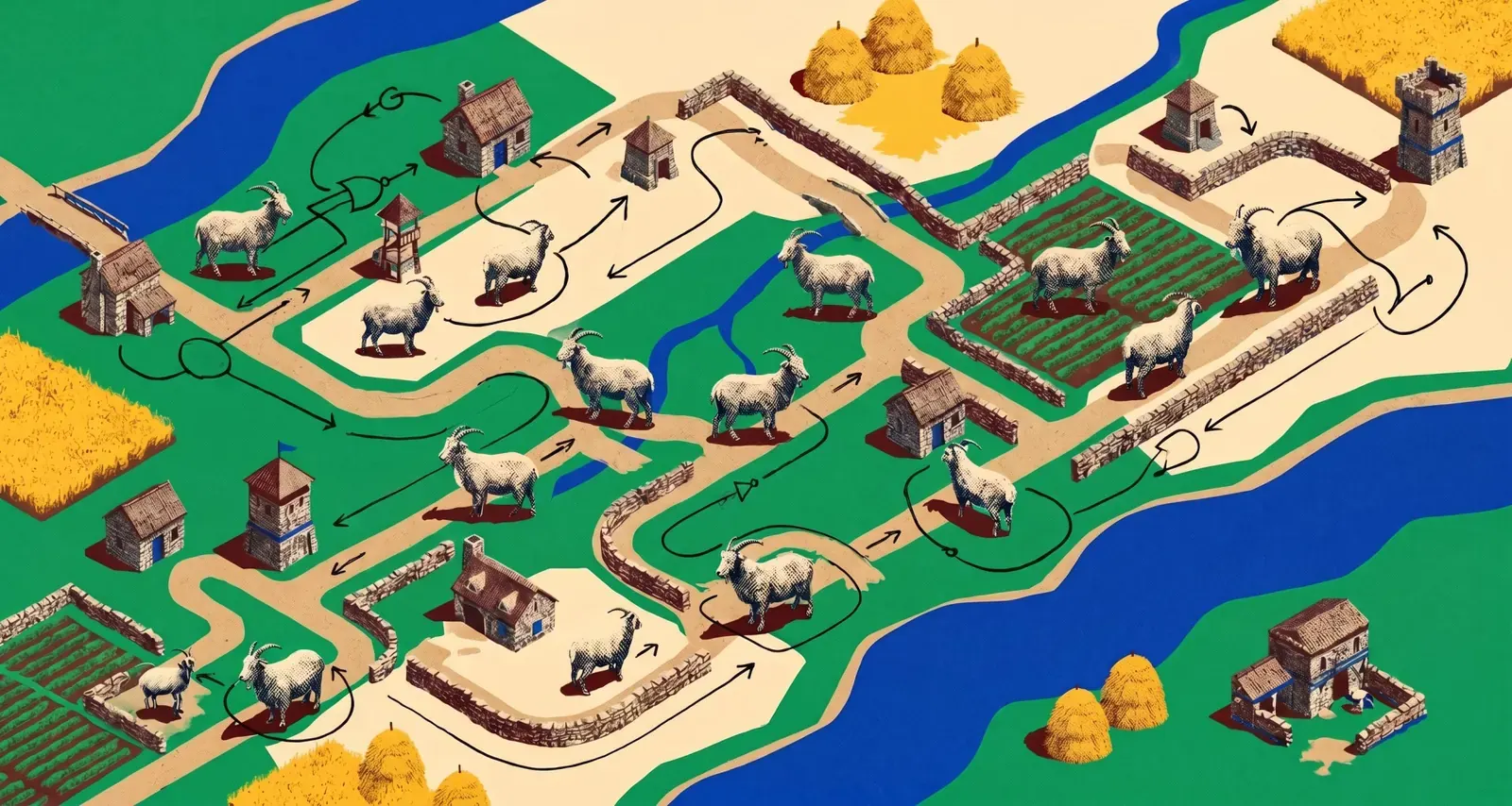 Goats on bridges and ice ramps forming a neural network in Age of Empires II map editor.