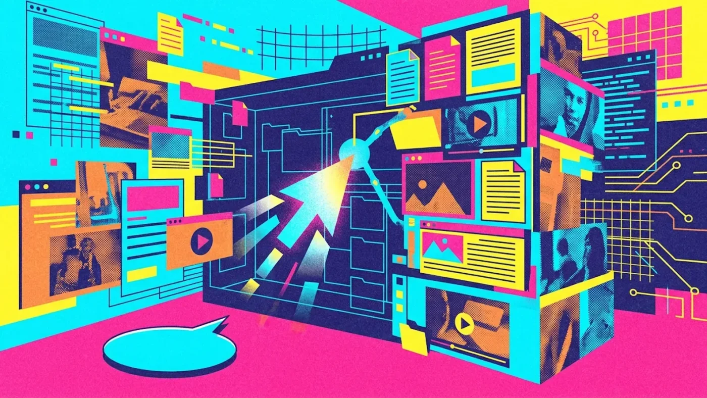 An advanced AI robot interacting with multiple digital screens and files in a persistent digital workspace, symbolizing its transition from a conversational agent to a
