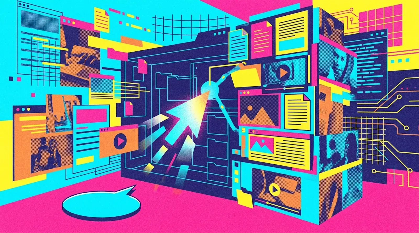 An advanced AI robot interacting with multiple digital screens and files in a persistent digital workspace, symbolizing its transition from a conversational agent to a