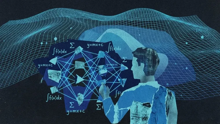 A digital representation of complex mathematical equations being solved by an AI model, with "Fable 5" and "FrontierMath" visible on a screen.