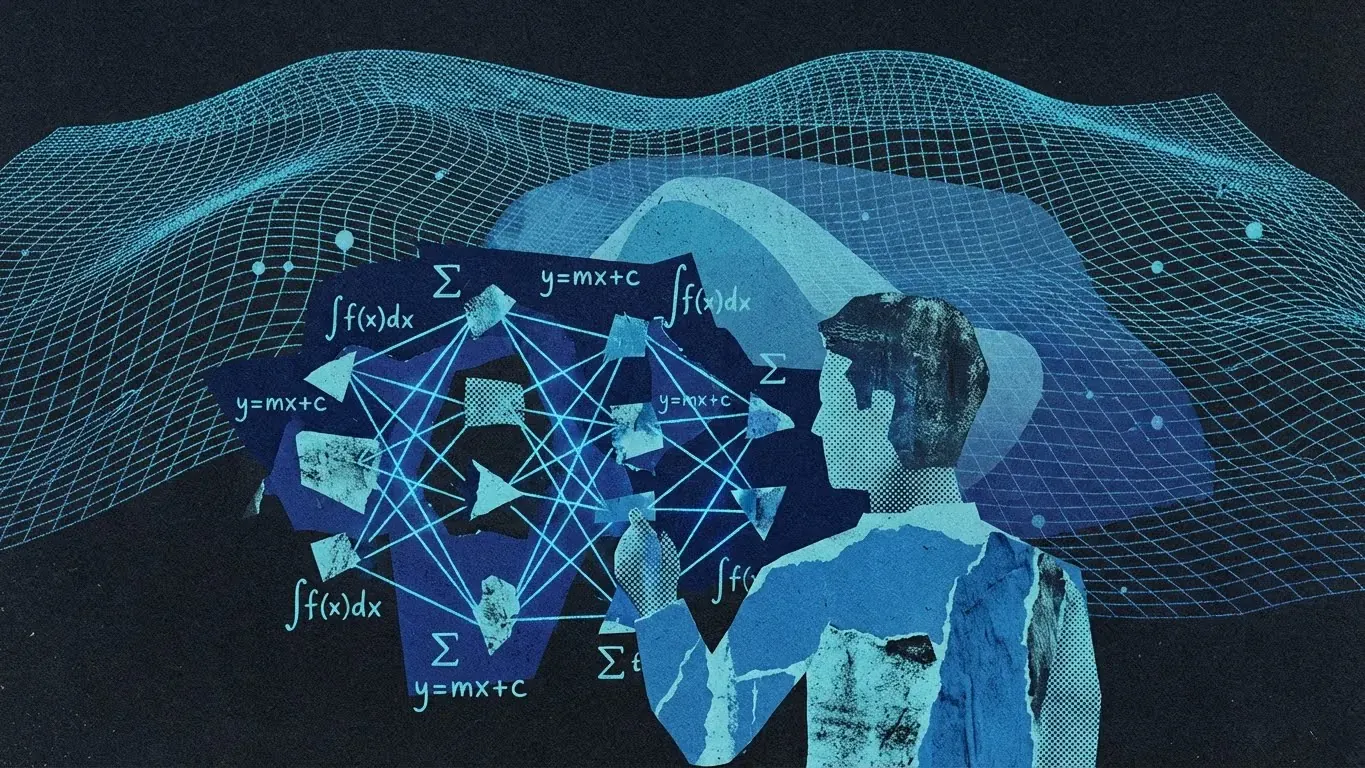 A digital representation of complex mathematical equations being solved by an AI model, with "Fable 5" and "FrontierMath" visible on a screen.
