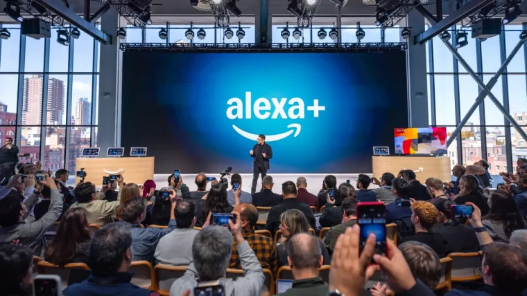 Amazon Alexa+ logo with subtle Indian flag elements and Hindi text indicating language support.