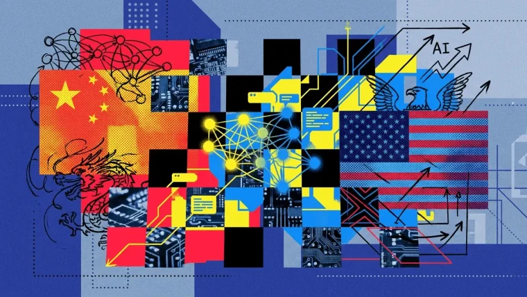 A graphic representation of cybersecurity, with AI-powered tools scanning for vulnerabilities and defending against threats, set against a backdrop of Chinese digital