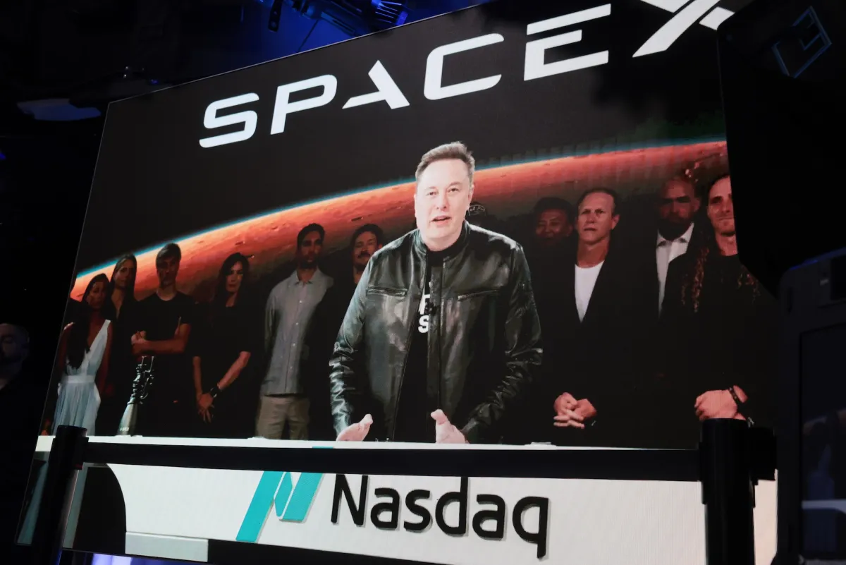 A SpaceX Falcon 9 rocket launching into orbit, with a subtle digital overlay showing stock market ticker symbols and upward trending graphs, symbolizing its historic IPO.