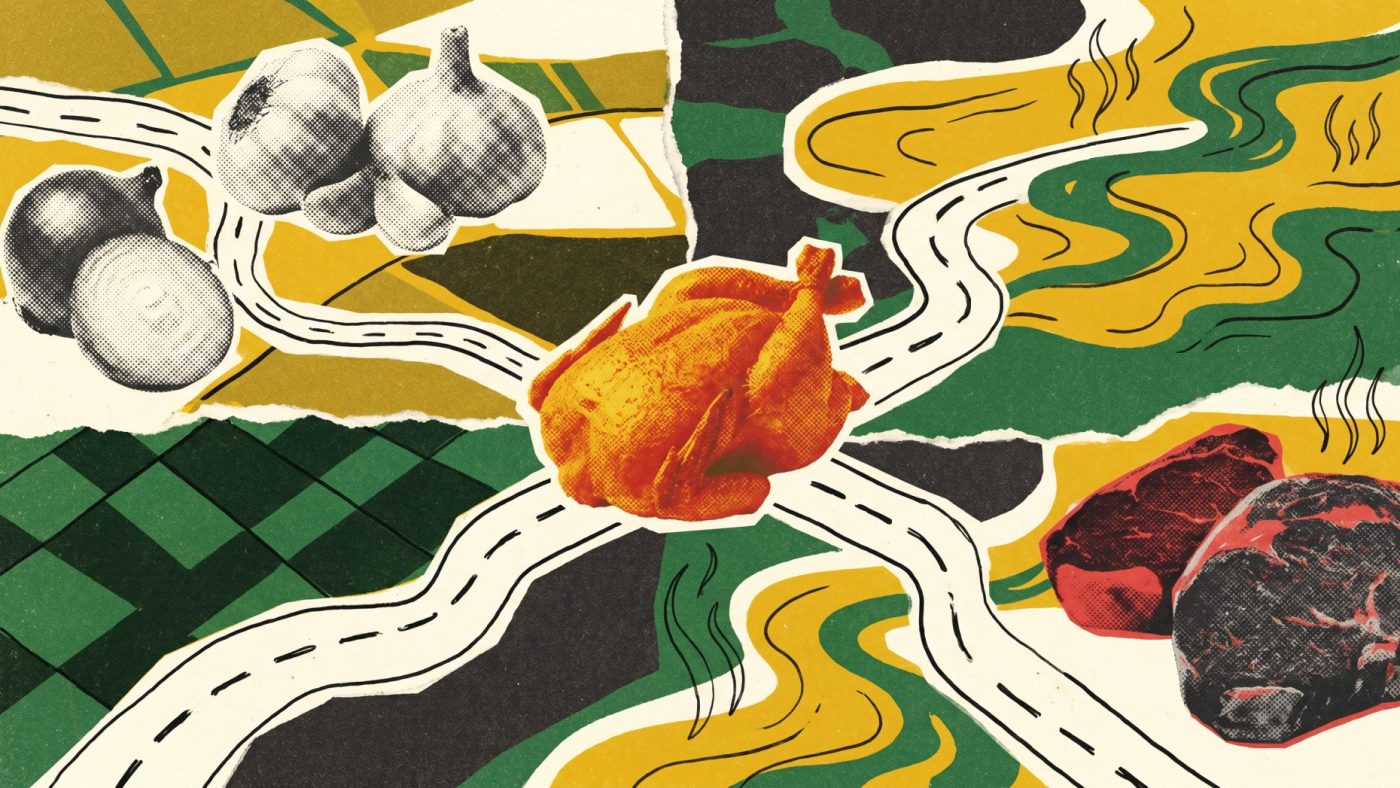 A visual representation of Kaikaku.AI's Epicure AI models showing interconnected ingredients and flavor molecules, with recipe and chemical pairing recommendations.