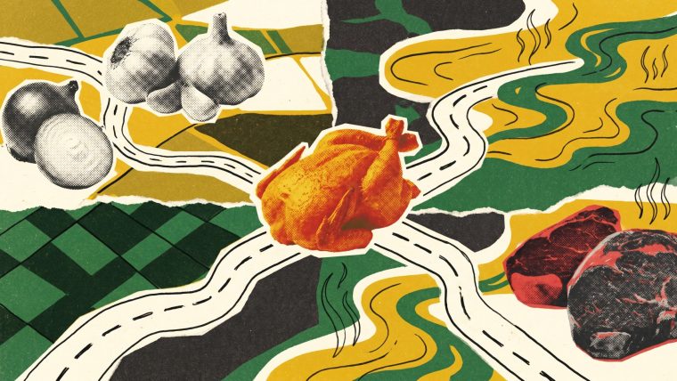 A visual representation of Kaikaku.AI's Epicure AI models showing interconnected ingredients and flavor molecules, with recipe and chemical pairing recommendations.