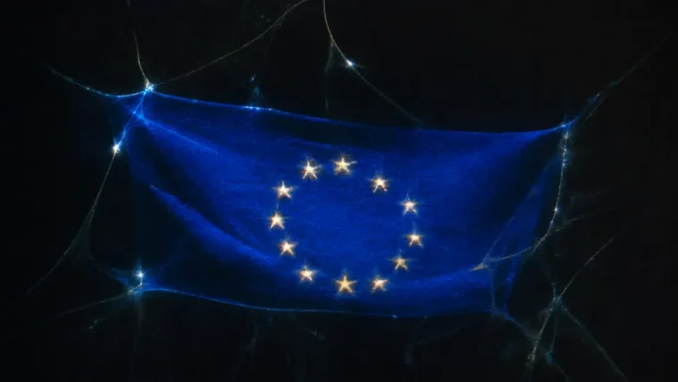 A graphic illustrating AI-generated marketing content alongside a blurred legal document, symbolizing the debate over deepfake definitions in the EU AI Act.