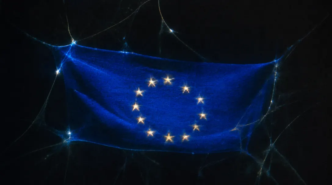 A graphic illustrating AI-generated marketing content alongside a blurred legal document, symbolizing the debate over deepfake definitions in the EU AI Act.