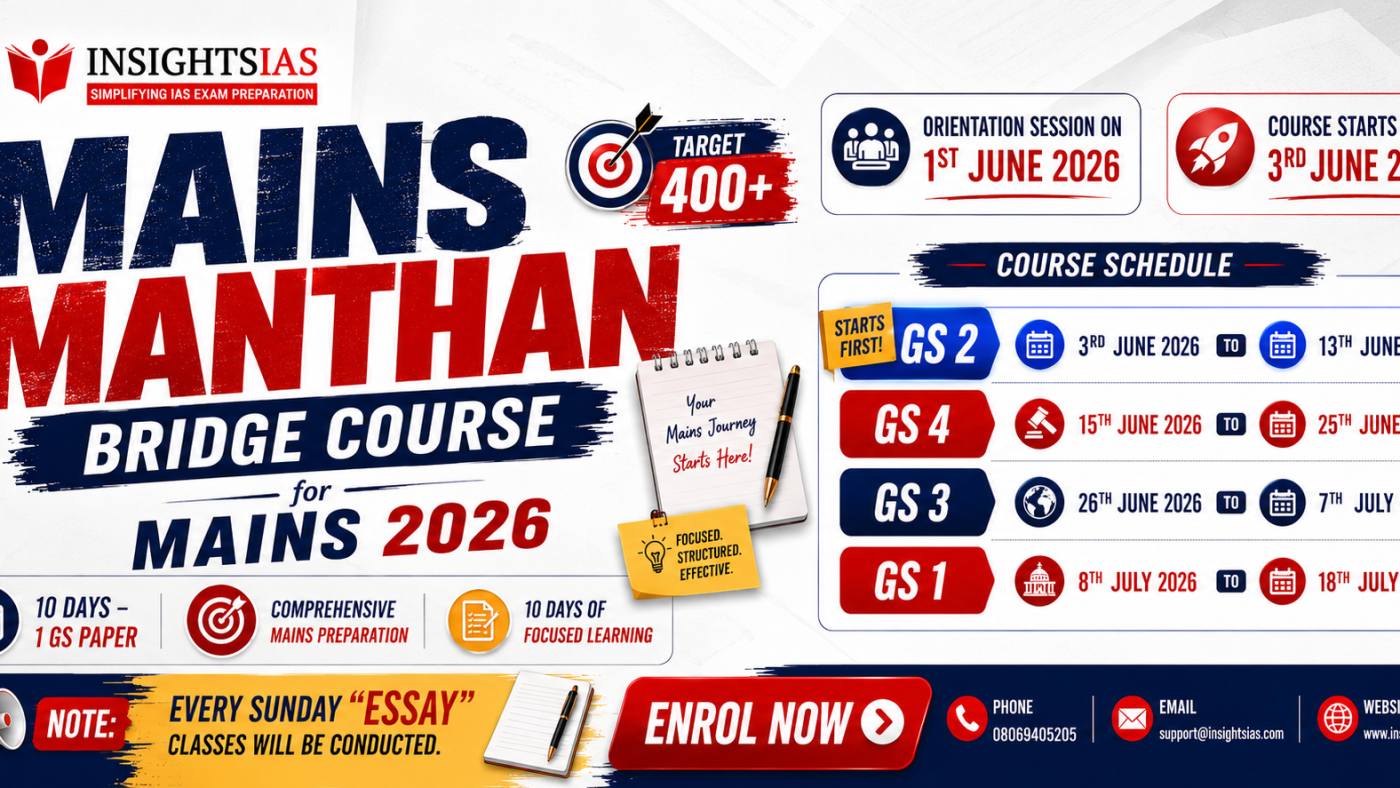 Promotional image for Insights IAS Mains Manthan course showing study materials and a calendar