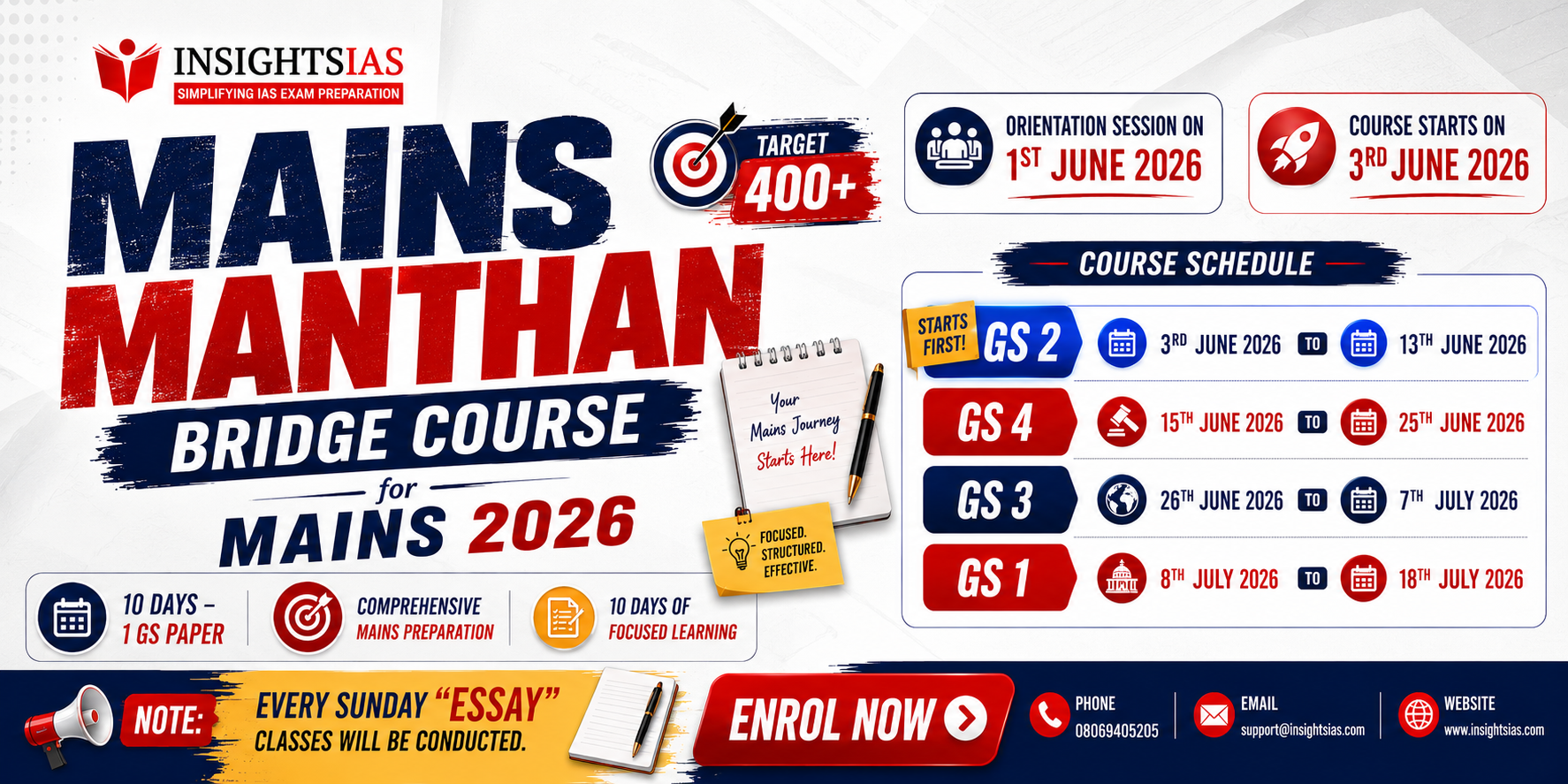 Promotional image for Insights IAS Mains Manthan course showing study materials and a calendar