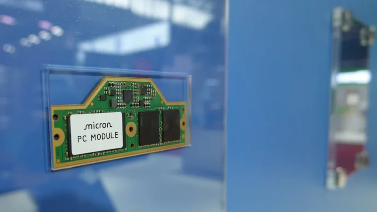 Close-up of Micron High-Bandwidth Memory (HBM) chips integrated into a circuit board for AI servers.