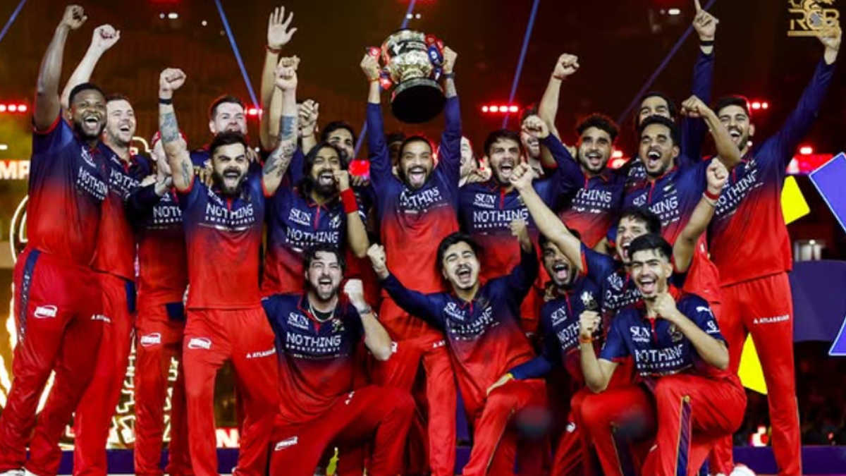Various Indian brand logos (Puma, Zomato, Myntra, Amazon) displayed on social media feeds, celebrating RCB's IPL victory with engaging content.