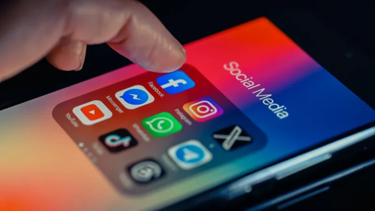 A user's hand holding a smartphone, with a social media feed displaying various content. Overlayed graphical elements suggest AI algorithms and personalization settings
