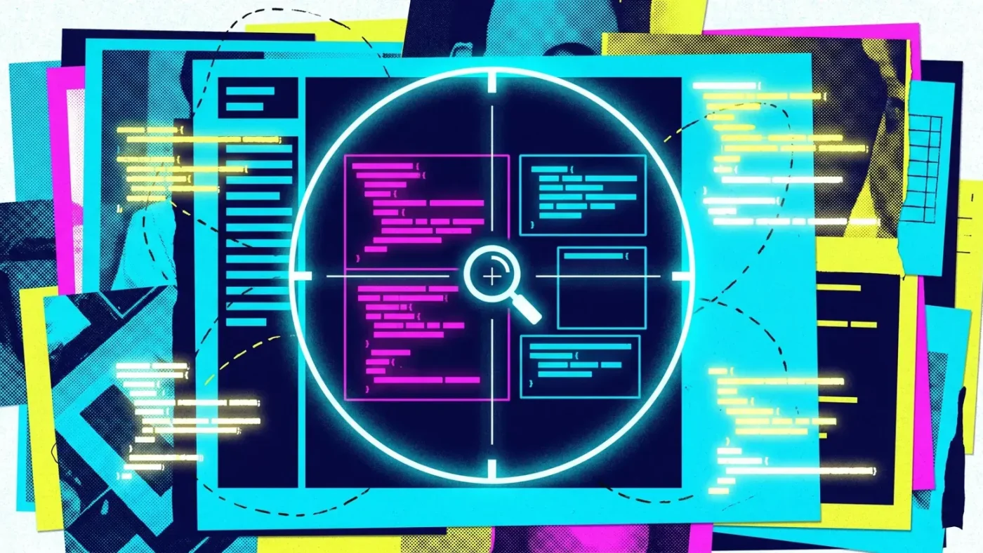 A frustrated developer looking at a screen with complex code, with an AI robot figure in the background.