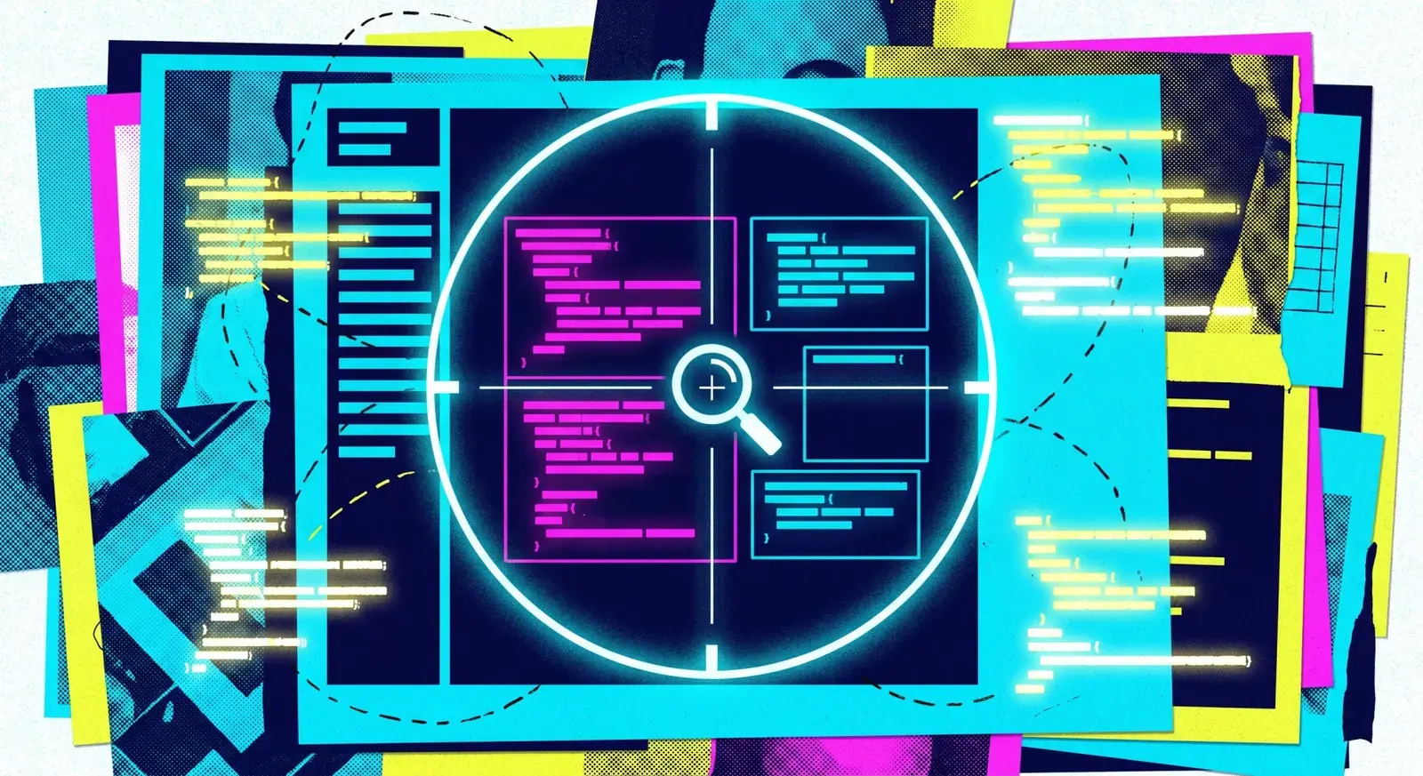 A frustrated developer looking at a screen with complex code, with an AI robot figure in the background.