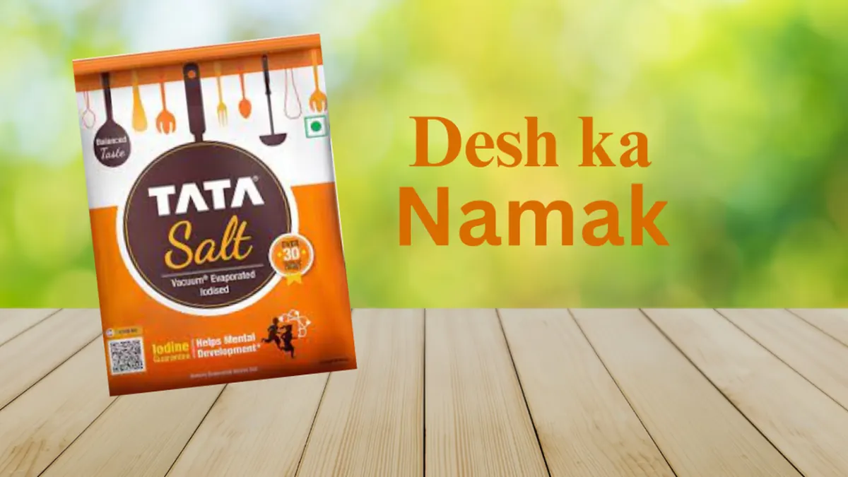 Historical and modern packaging of Tata Salt illustrating brand evolution