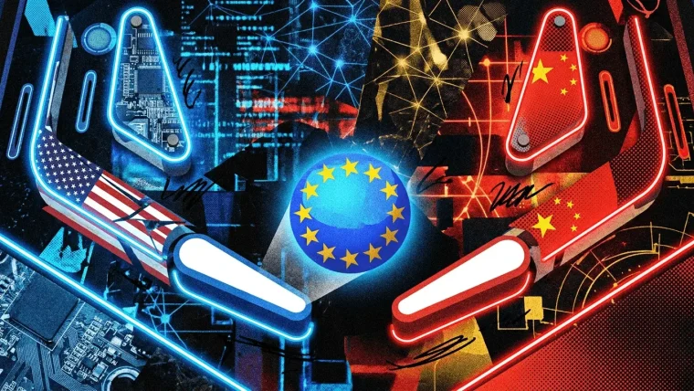 A graphic showing the European Union flag juxtaposed with the Anthropic company logo, symbolizing a potential collaboration or move.