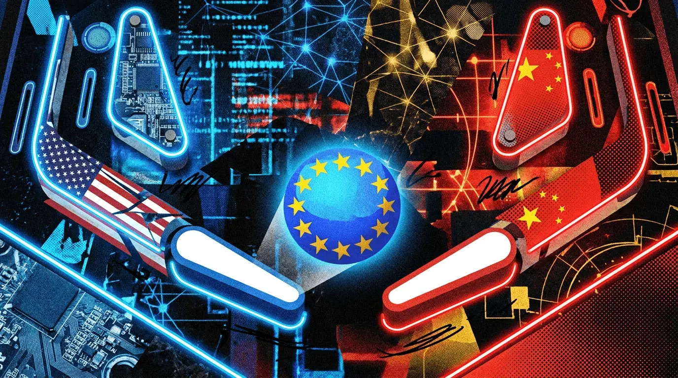 A graphic showing the European Union flag juxtaposed with the Anthropic company logo, symbolizing a potential collaboration or move.