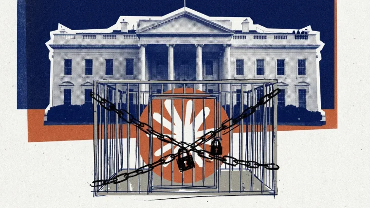 A graphic depicting a large language model interface with a padlock icon, symbolizing security concerns, and government officials in the background.