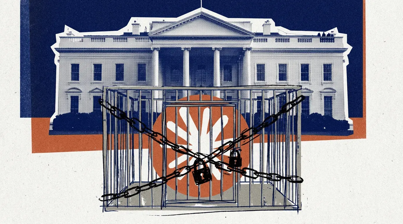 A graphic depicting a large language model interface with a padlock icon, symbolizing security concerns, and government officials in the background.