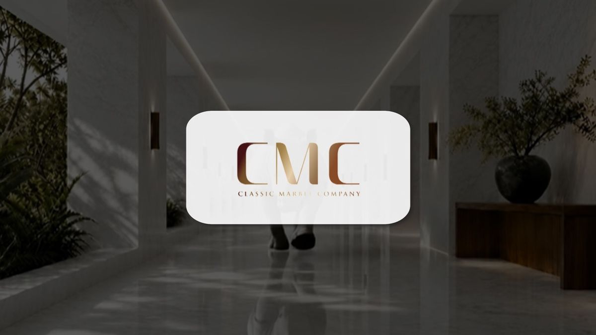 Classic Marble Company refreshed brand logo with white marble texture background