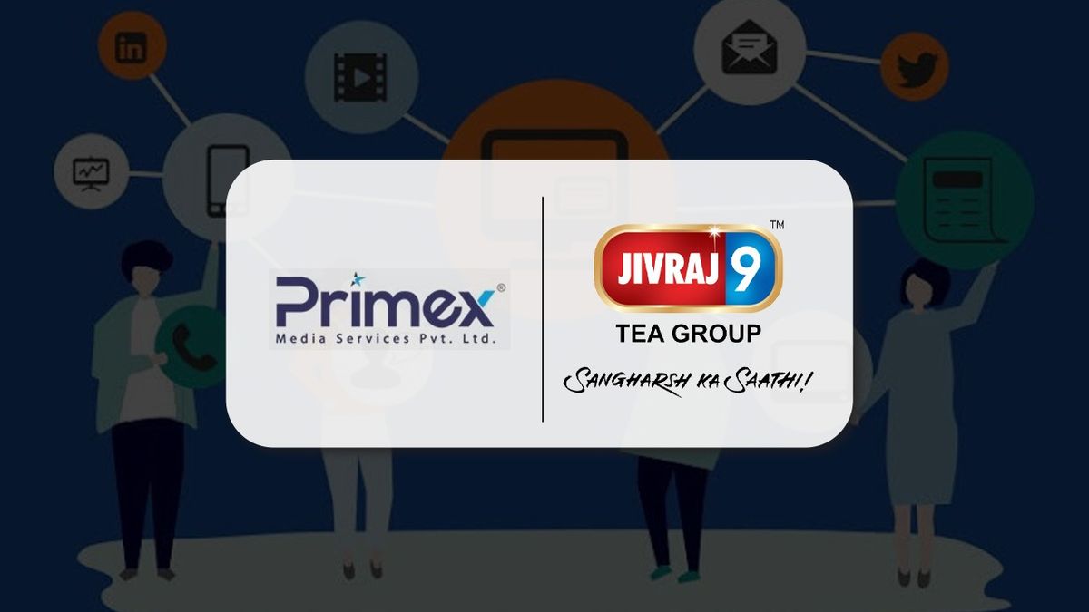 Jivraj9 Tea Group products alongside the Primex Media Services logo, representing their new PR and communications partnership.