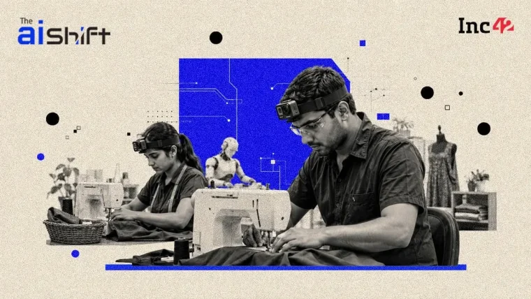 An Indian factory worker wearing a small head-mounted camera while assembling components, illustrating the collection of egocentric data for training robots.