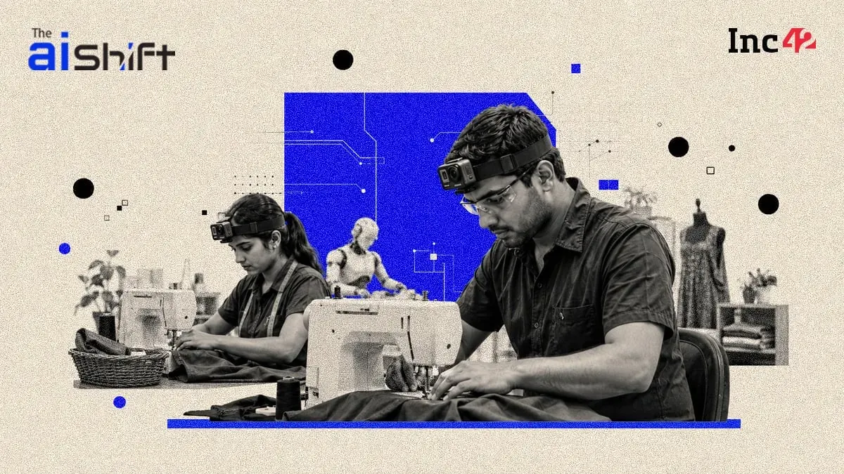 An Indian factory worker wearing a small head-mounted camera while assembling components, illustrating the collection of egocentric data for training robots.
