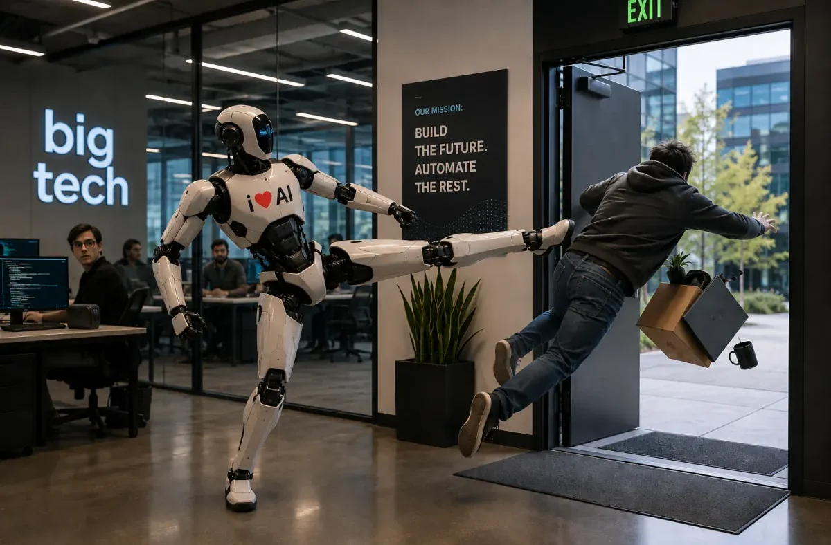A graphic illustrating the impact of AI on job displacement in the tech sector, with a declining workforce chart and AI symbols.