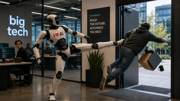 A graphic illustrating the impact of AI on job displacement in the tech sector, with a declining workforce chart and AI symbols.